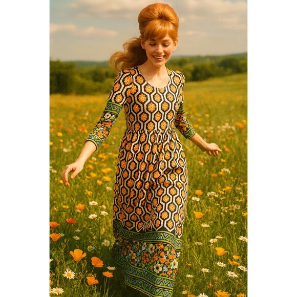 Vintage 60s Hobnobber Naturally Maxi Dress 70s Floral Geometric Long Sleeve - Picture 12 of 12